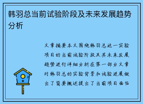 韩羽总当前试验阶段及未来发展趋势分析
