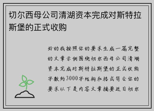 切尔西母公司清湖资本完成对斯特拉斯堡的正式收购
