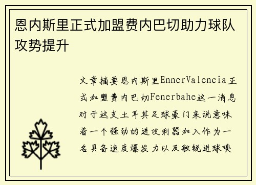 恩内斯里正式加盟费内巴切助力球队攻势提升